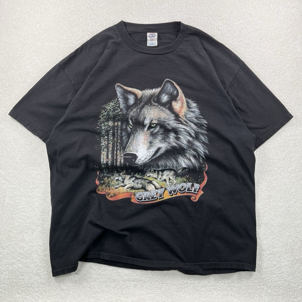 Vintage 90's Delta Pro Weight Grey Wolf Graphic Tshirt Mens 2XL Black Nature Tee